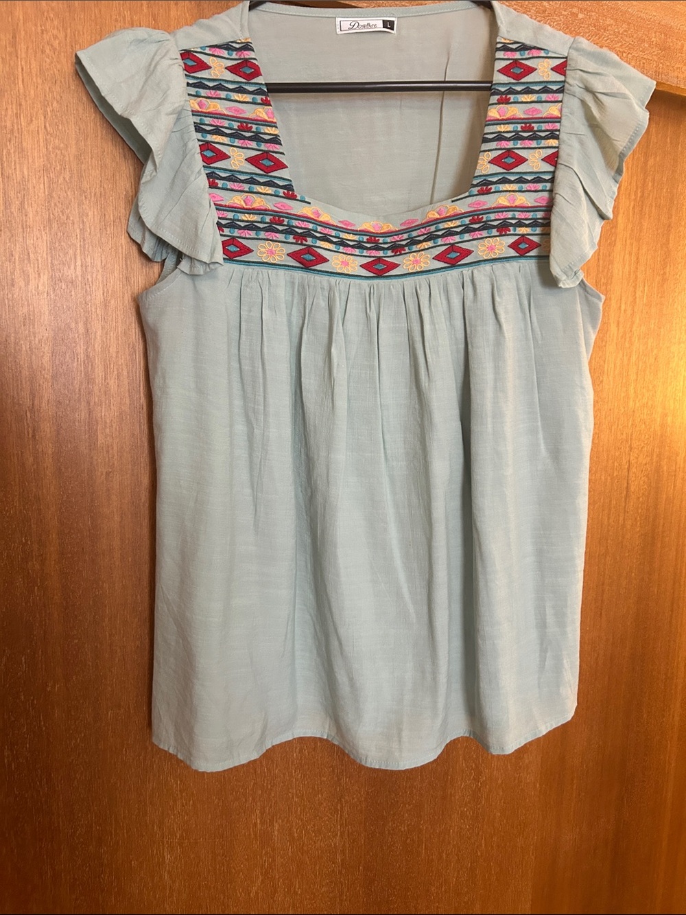 Light Sage Embroidered Flutter Sleeve Top
